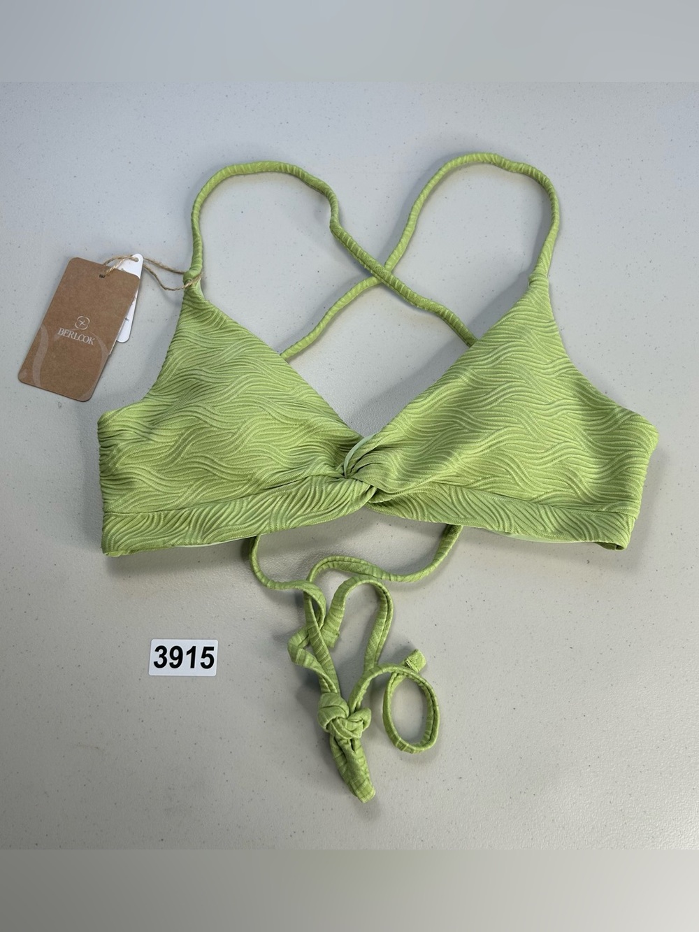 Berlook Small Light Green Textured Twist Cross Back Bikini Top New